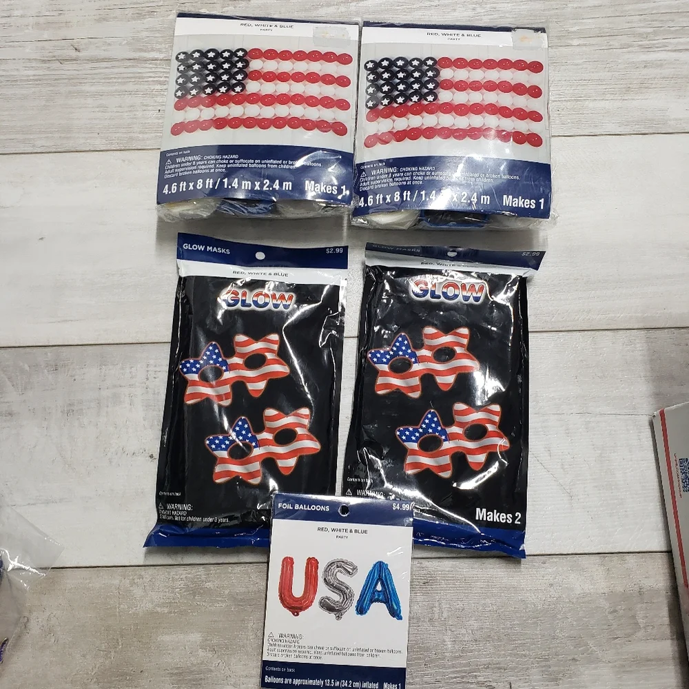 Red White & Blue Balloon Stripes Glow Mask USA Foil Balloon Patriotic Sets of 5